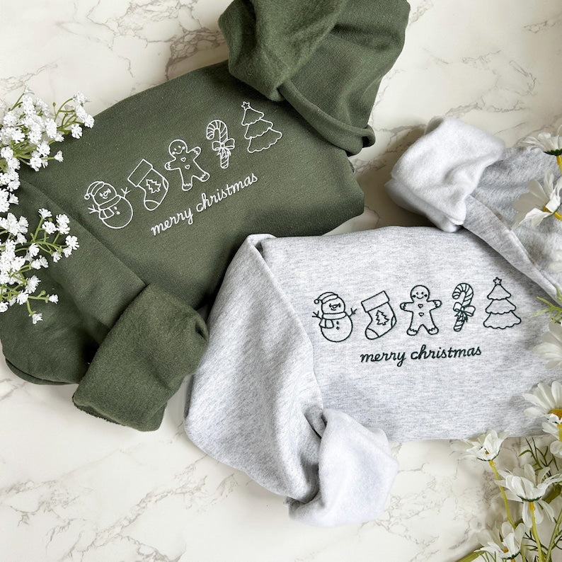 Embroidered Merry Christmas Sweatshirt, Embroidered Christmas Crewneck Sweatshirt, Embroidered Gingerbread Sweater, Custom Xmas Gift